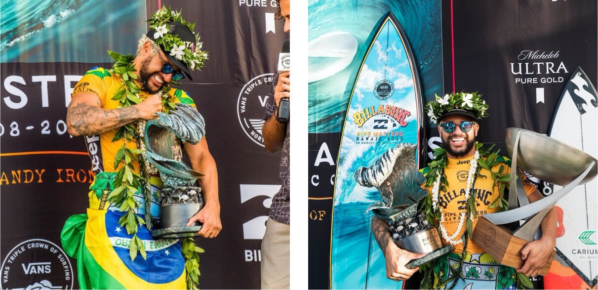 2019 Pipe Masters winner, Italo Ferreira with the Pipe Masters trophy sculpture by Phil Roberts