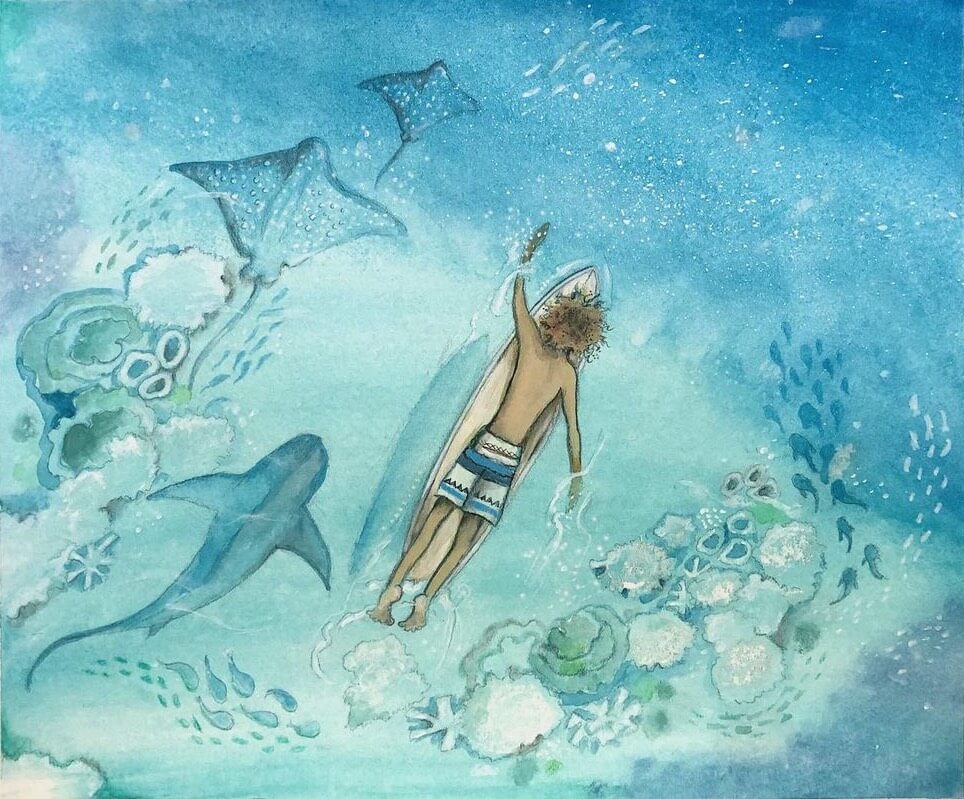 Blue Reef surfer illustration by Lea Wells