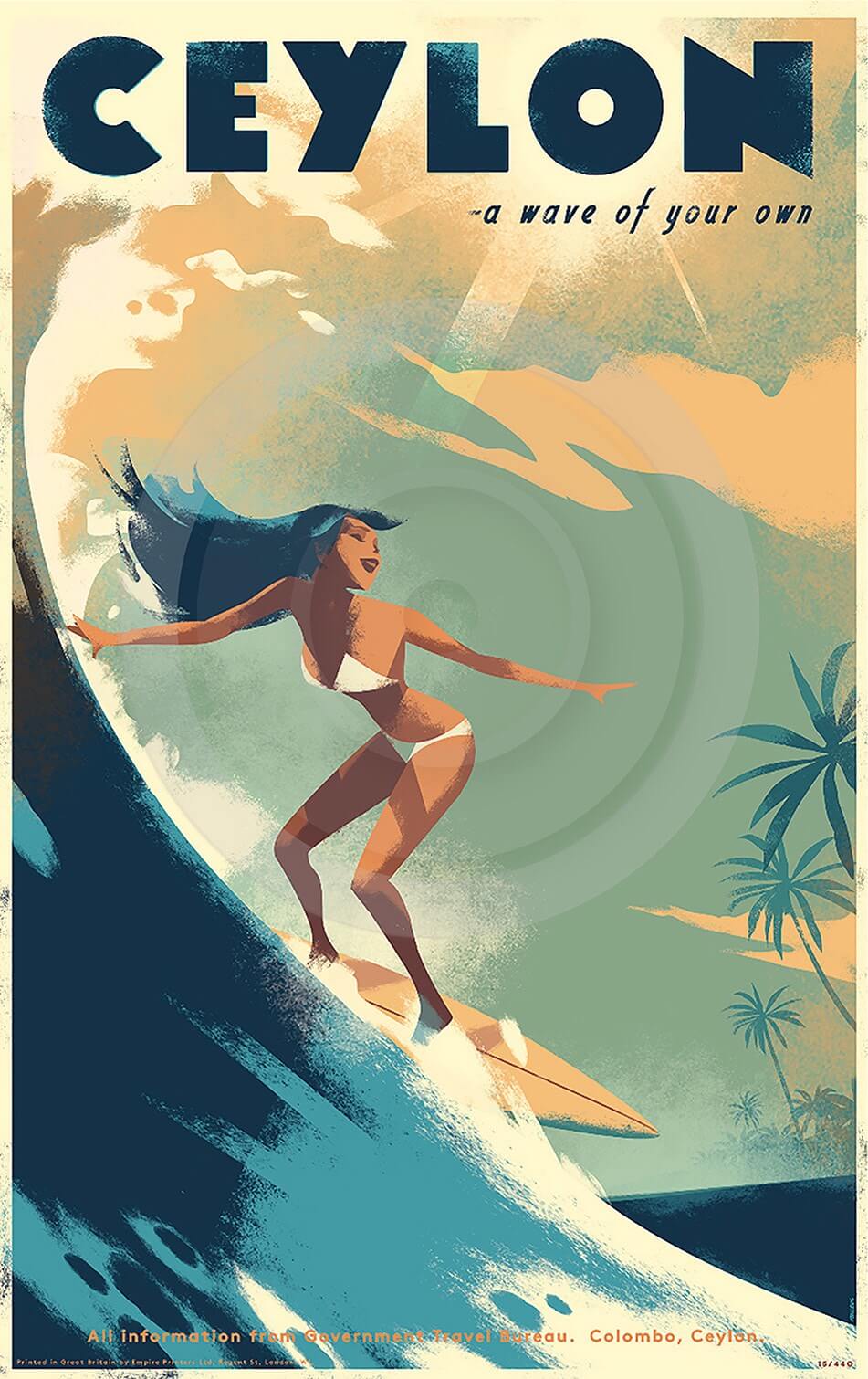 Vintage surf poster for Colombo, Ceylon by illustrator, Mads Berg