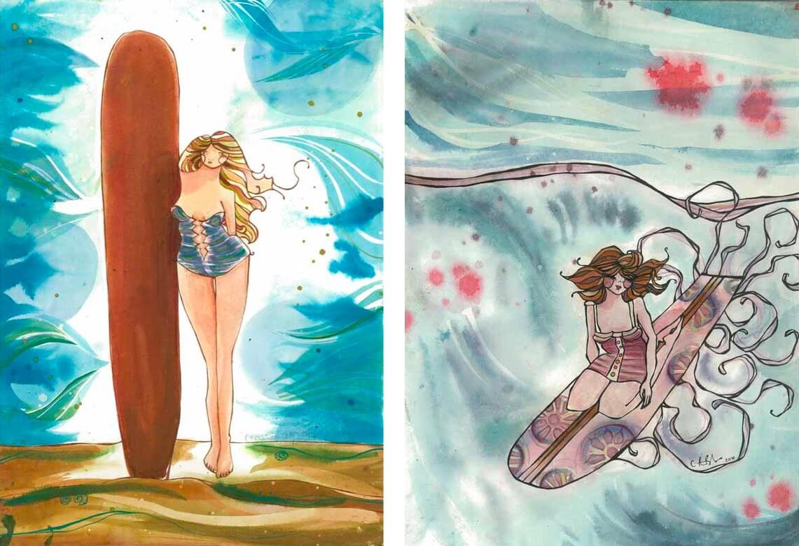 Surfer girl illustrations by Christie Rigby