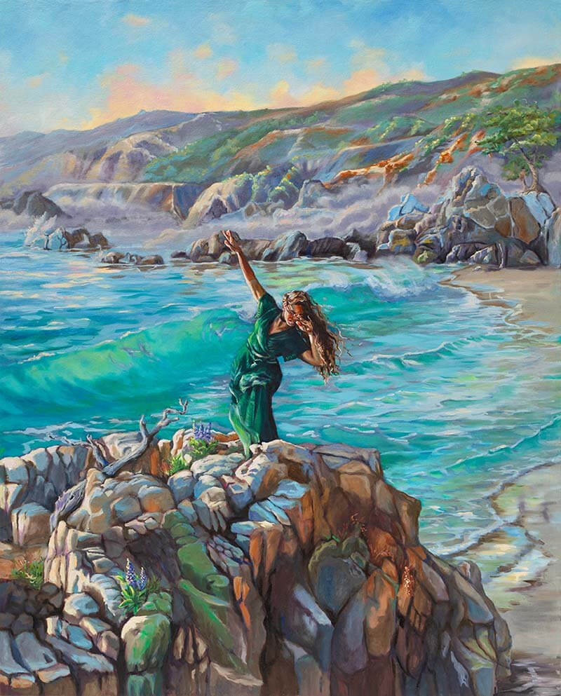 Lady hula dancing in front of waves