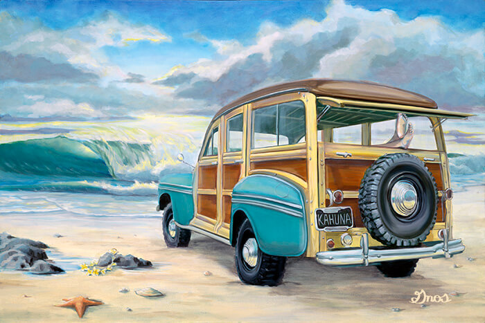 Woody car parked in front of a wave