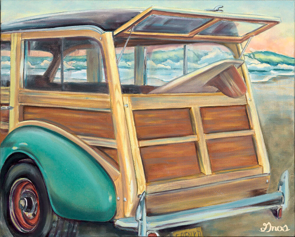 Vintage surf mobile car at the beach