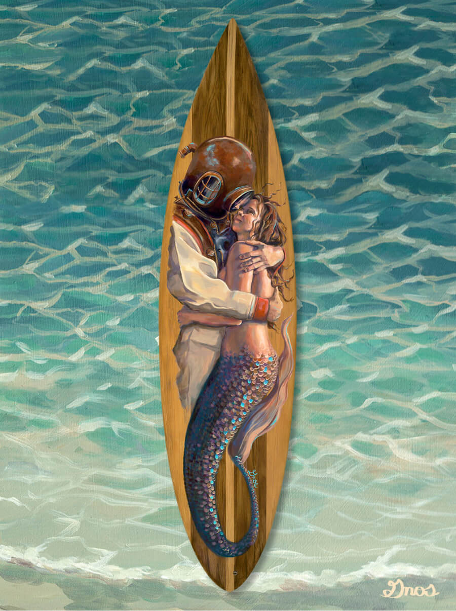 Mermaid and a diver embracing, painted on a surfboard