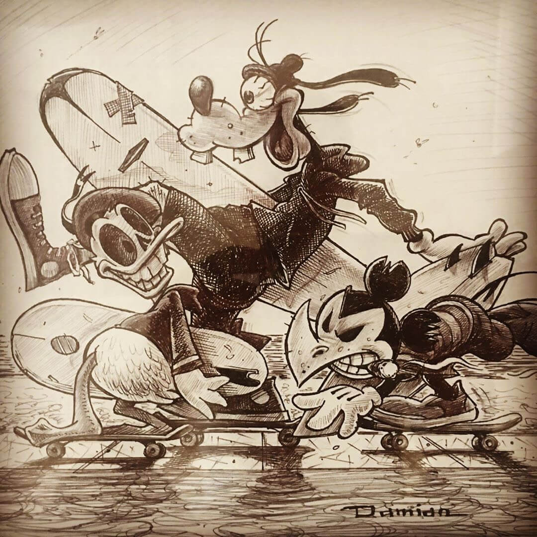 Cyclops Dog, Skull Duck, and Ricky Rhino Skipping School. Disney surf art by Damian Fulton