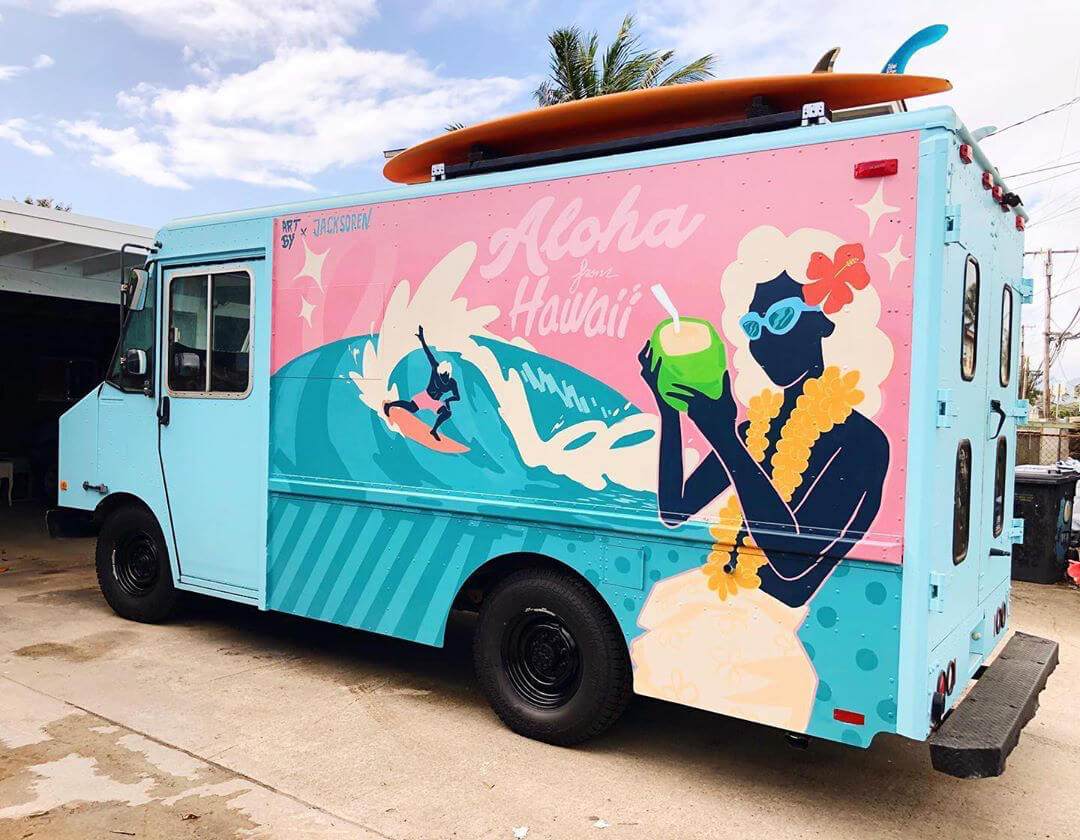 Surf art mural by Jock Soren on The Shoreline food truck in Hawaii