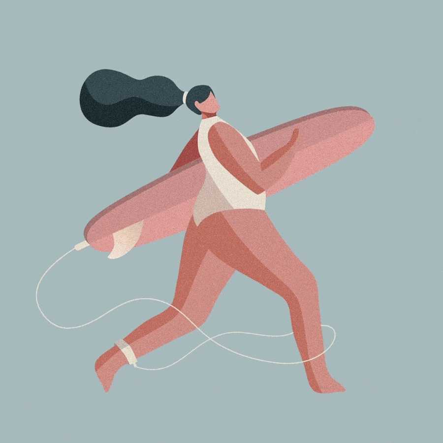 Illustration of surfer tripping over leash