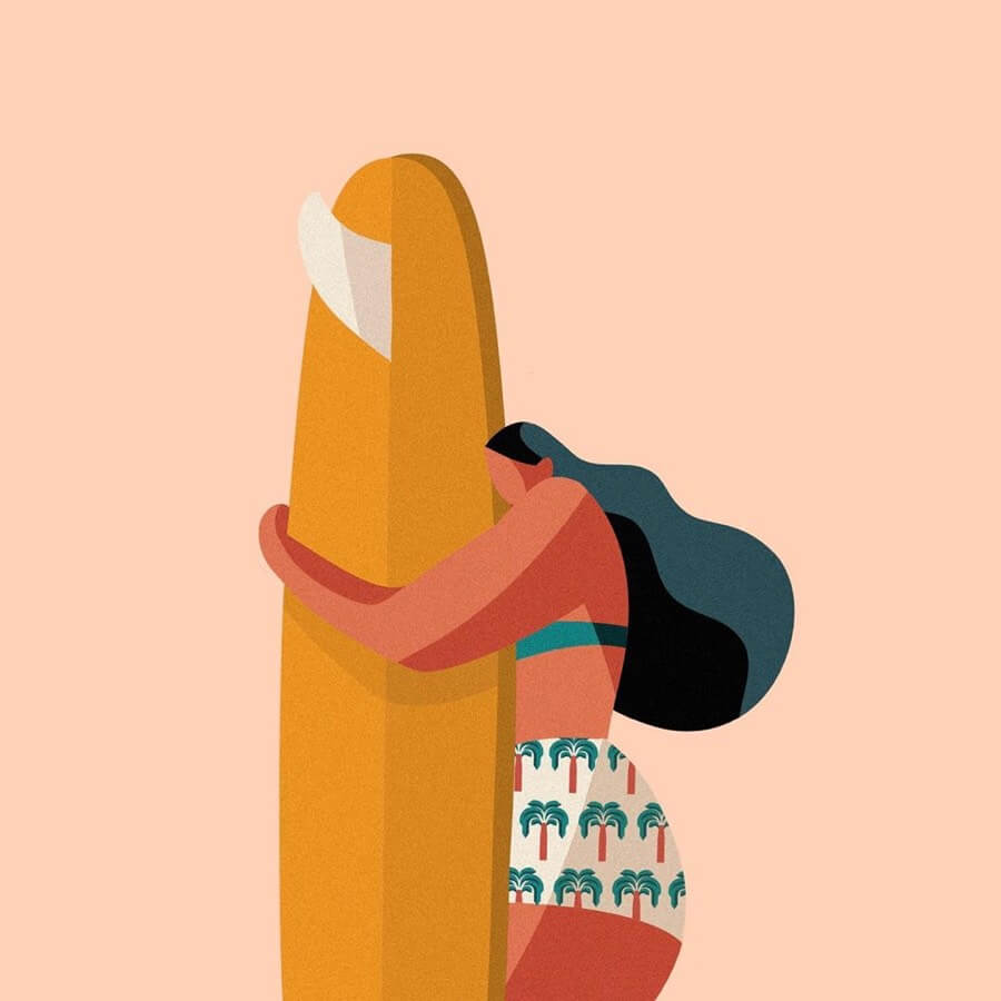 Surfer girl hugging surfboard