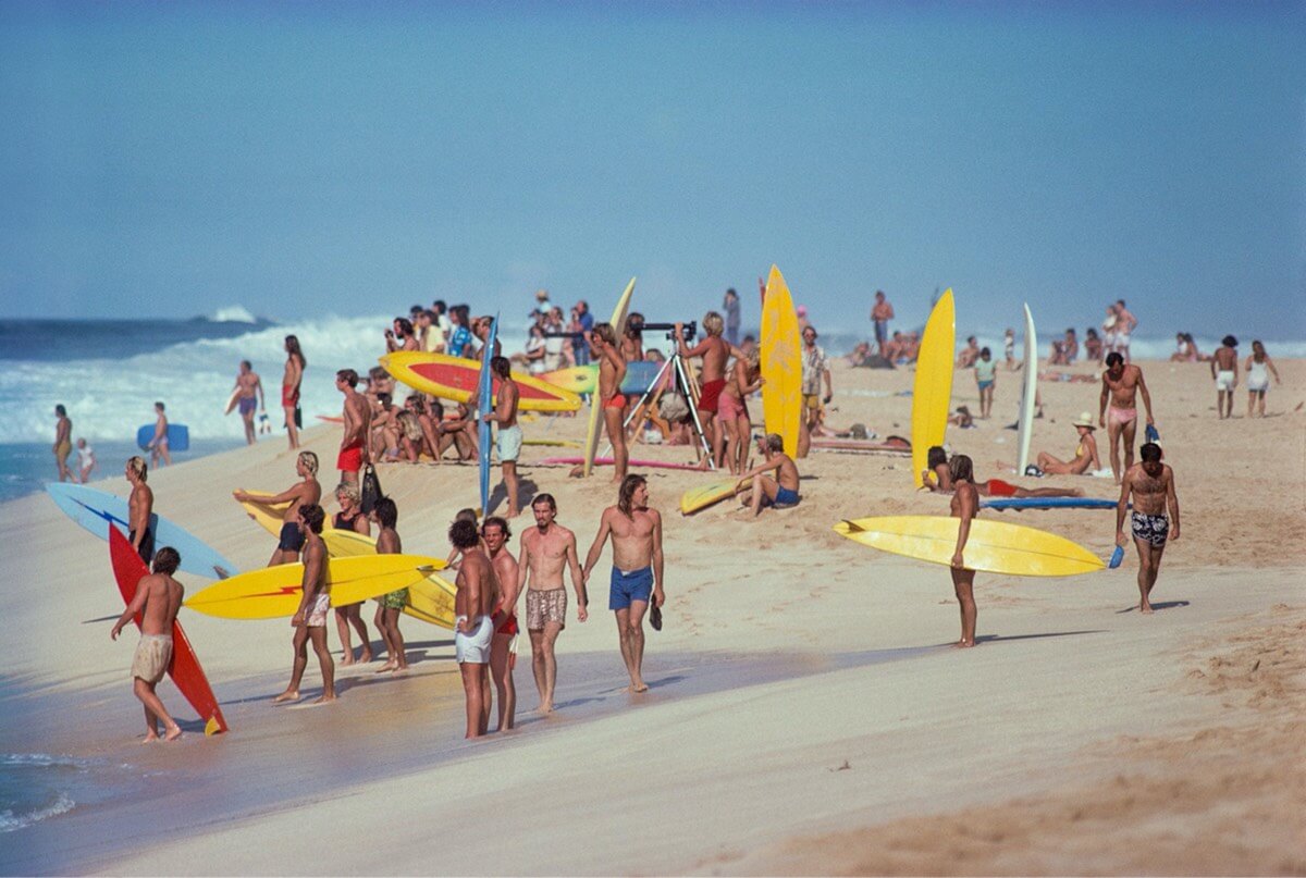 The scene on the beach at Pipeline on the North Shore of Oahu, Hawaii in 1975