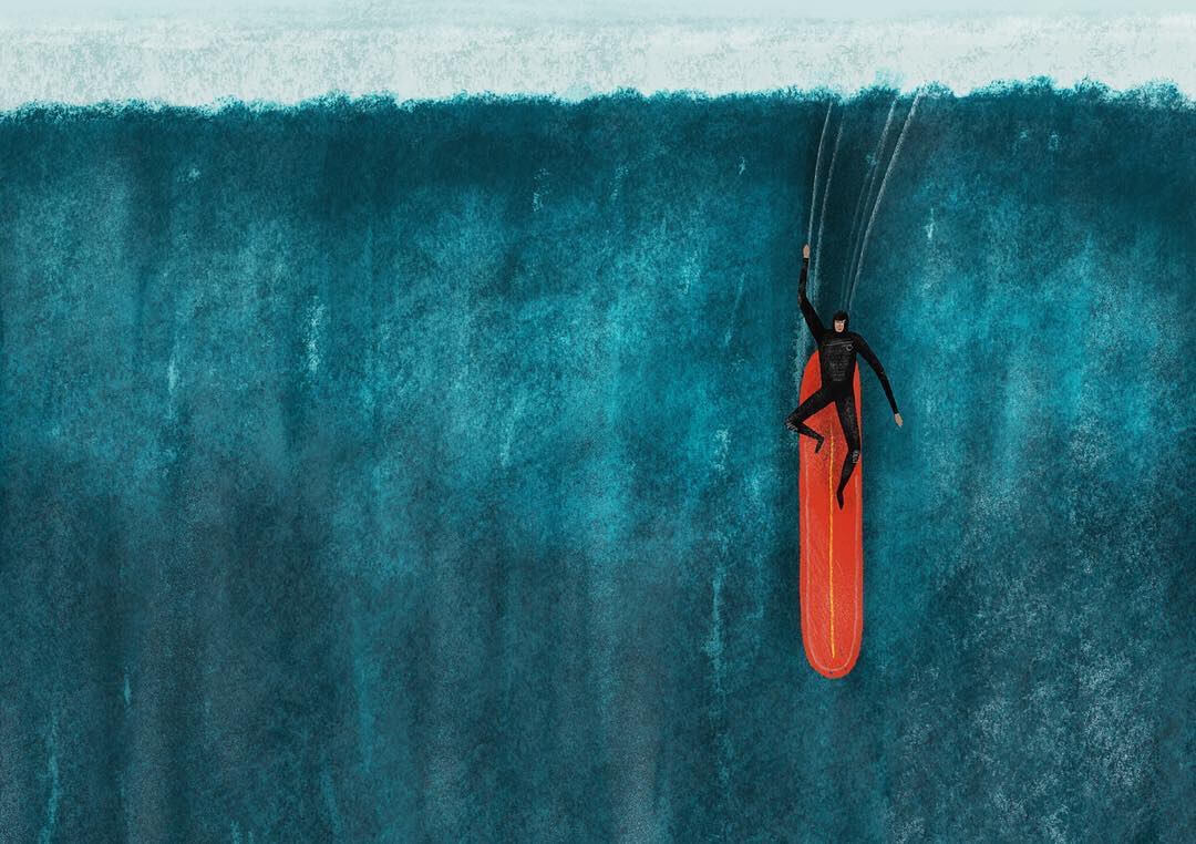 'Air Drop' surfer illustration by Jonty Storey