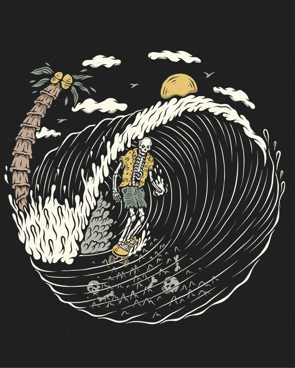 Skeleton surfer riding a wave