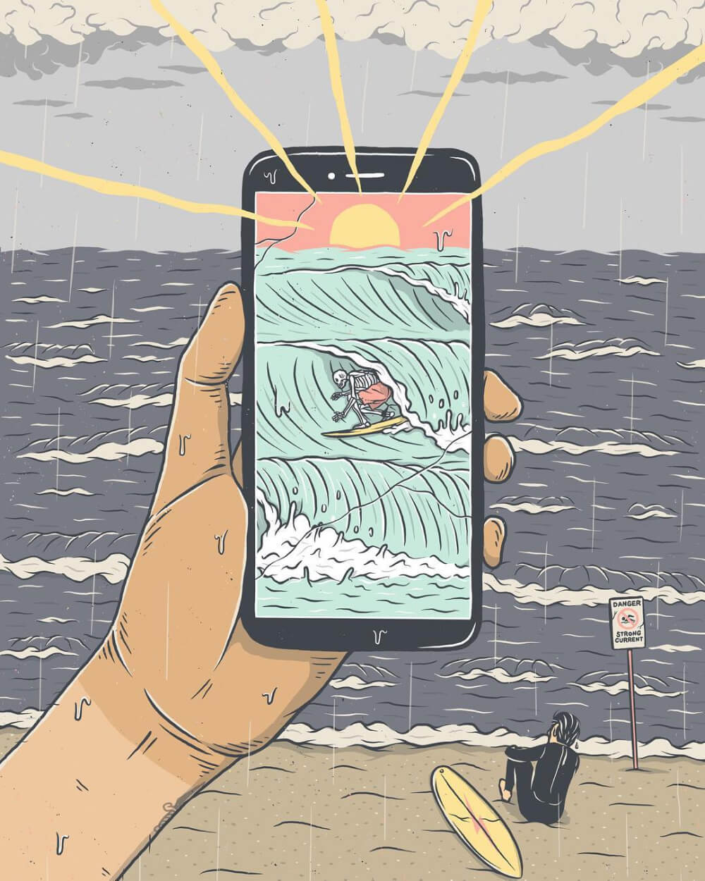 Suer comparing great waves on their phone to bad waves in reality