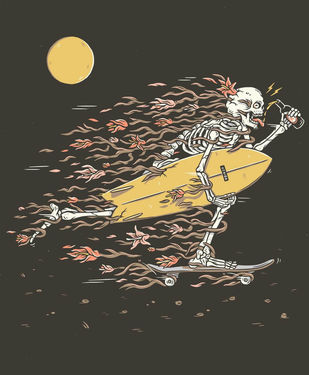 Skeleton with a beer riding a skateboard with a surfboard under arm