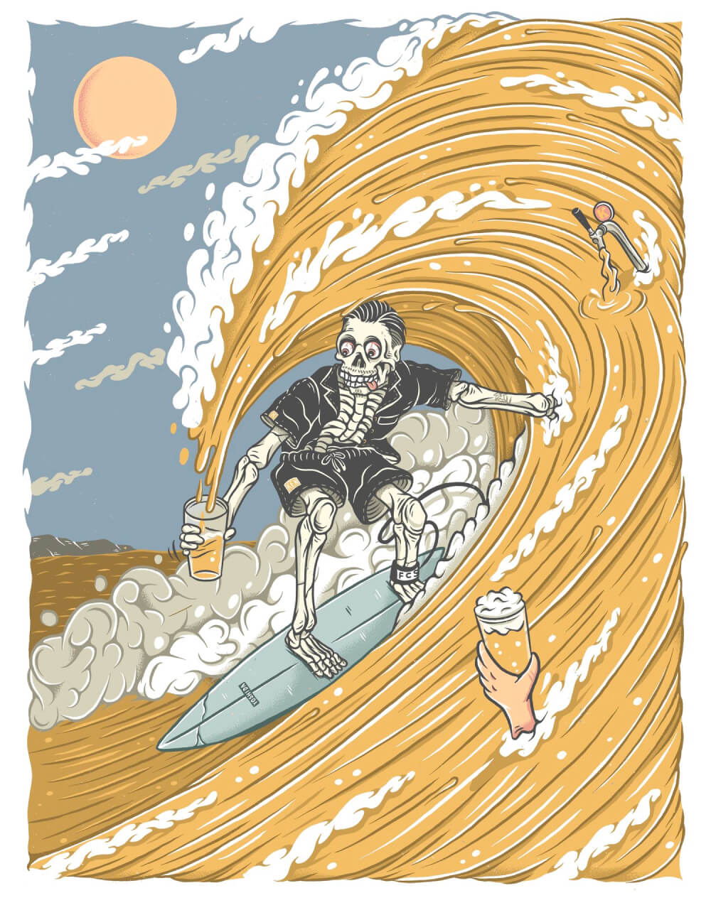 Skeleton surfer riding a barrel of beer