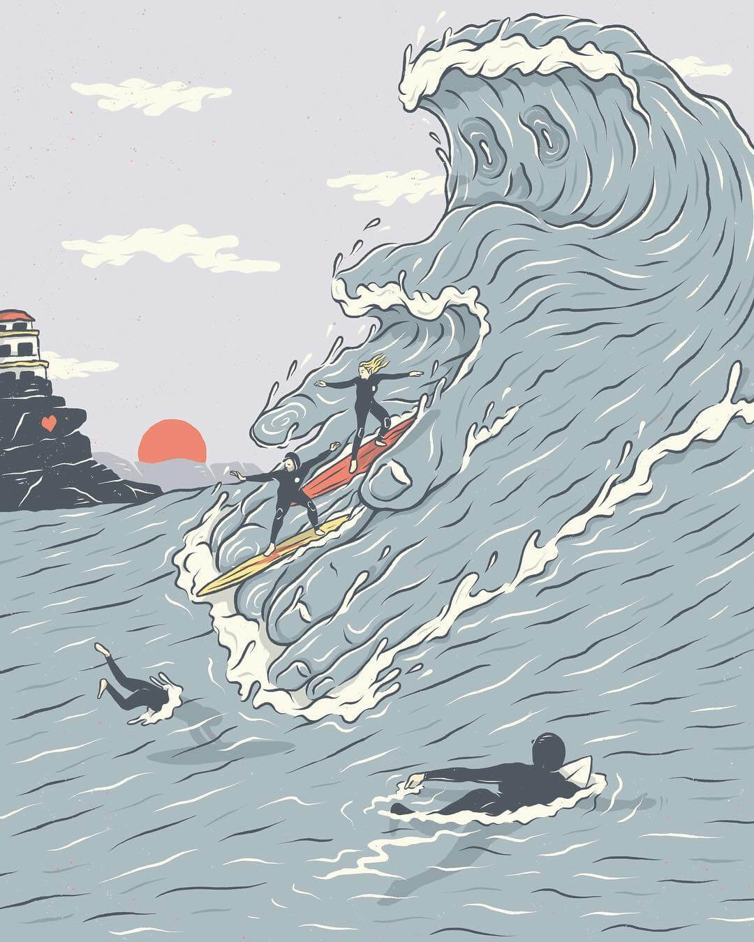 Surfing illustration by Kentaro Yoshida