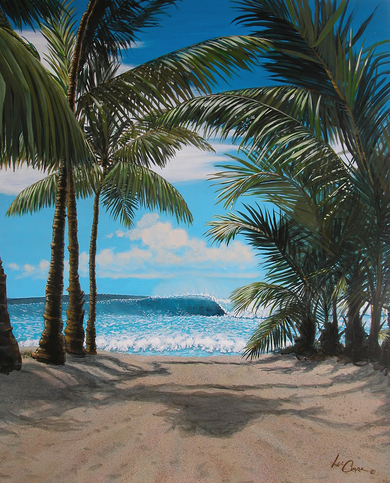 Wave seen through palm trees