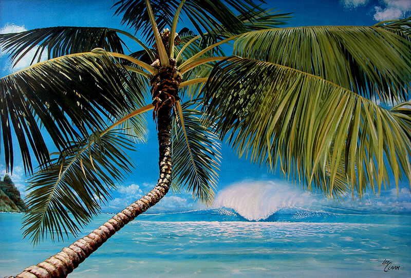 Perfect wave with a palm tree in the foreground