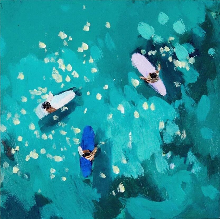Aerial view painting of surfers sitting on their surfboards