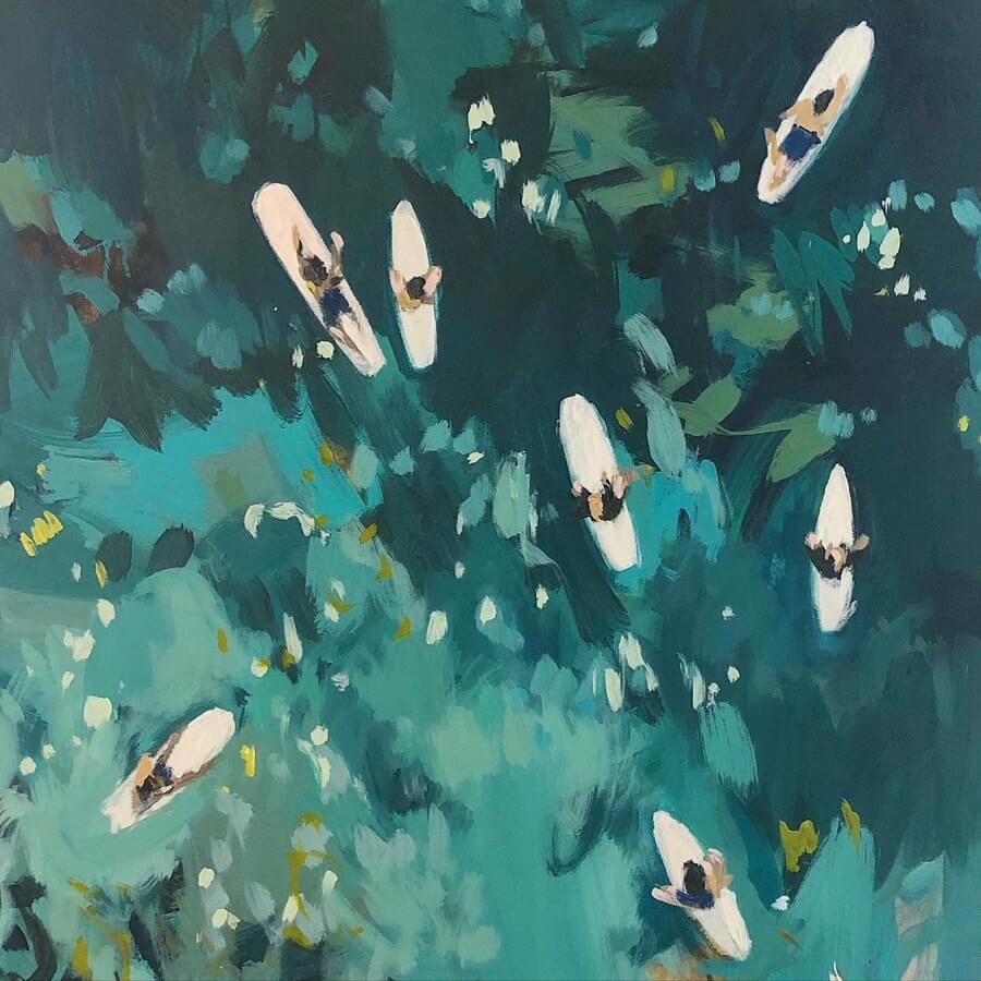 Aerial perspective painting of surfers