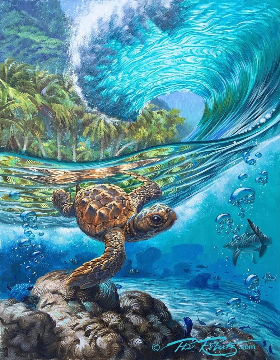 Turtle swimming under a wave