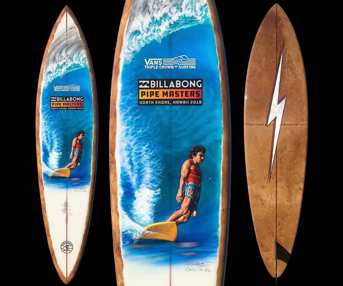 2018 Pipe Masters trophy surfboard featuring a painting of surfer, Gerry Lopez by Phil Roberts