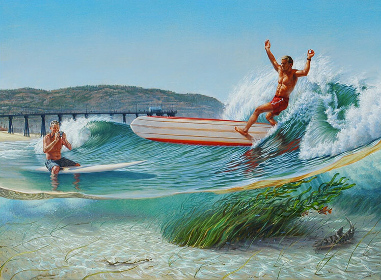 Painting of surf photographer, LeRoy Grannis by artist, Phil Roberts