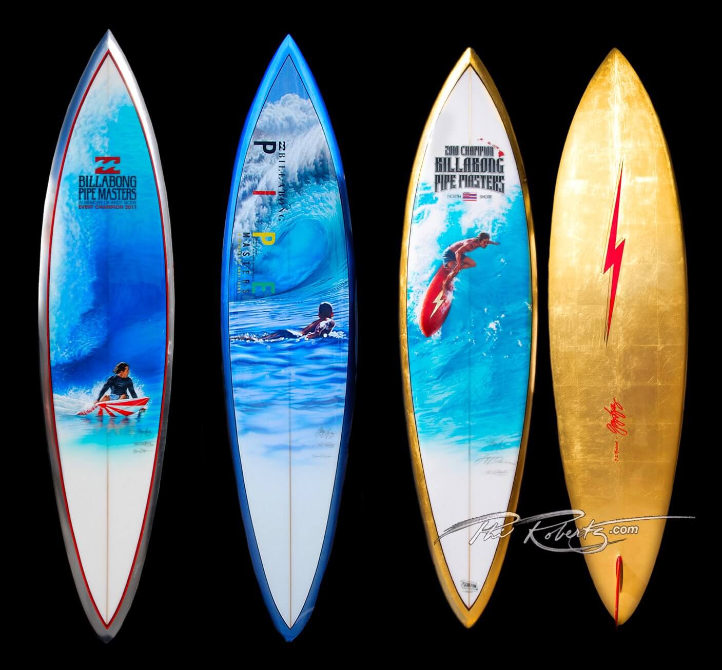 Pipe Masters painted surfboard trophies by Phil Roberts