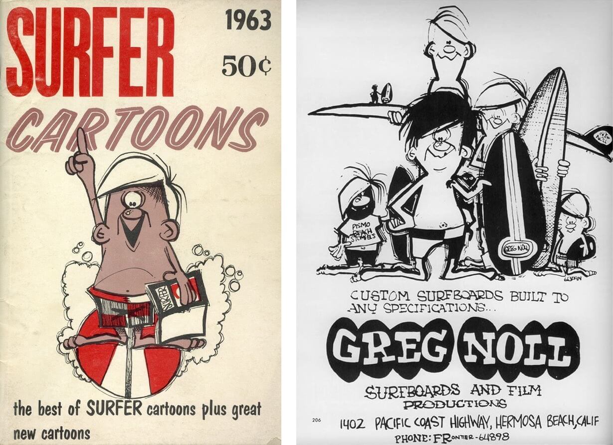 Surfer Cartoons cover and Greg Noll Surfboards poster