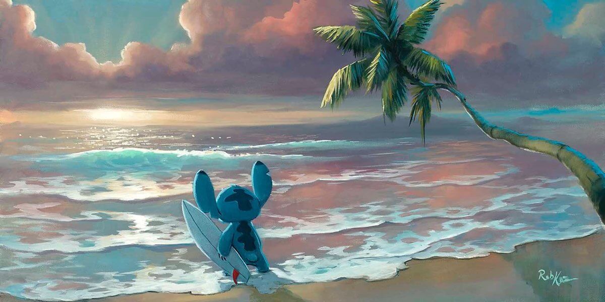 Waiting For Waves (Disney Stitch surf art) by Rob Kaz