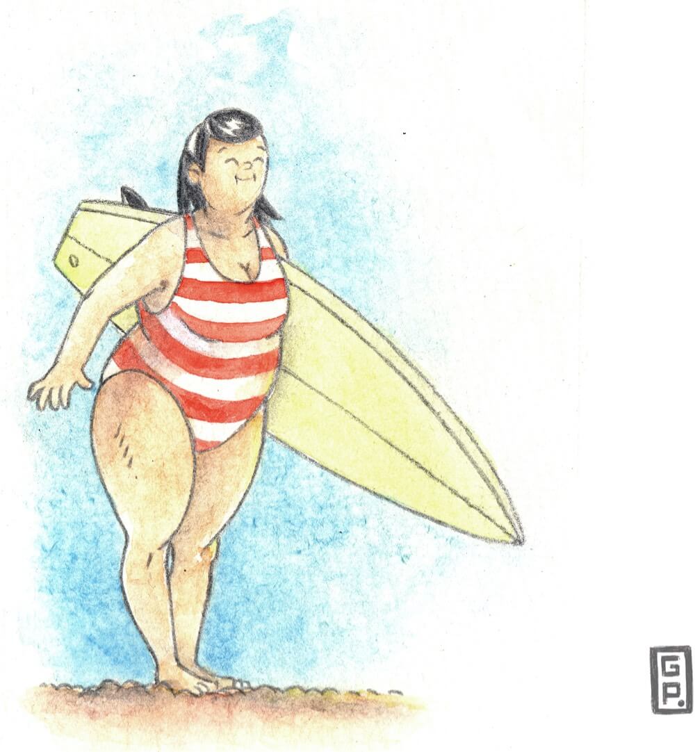 Illustration of Asian surfer by Giulio Pompei