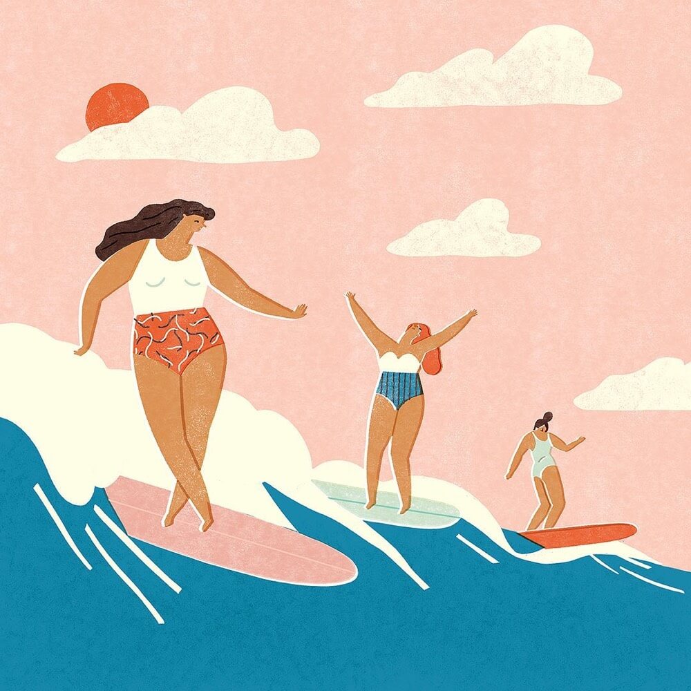 Surf illustration of a party wave (three surfers on the same wave)