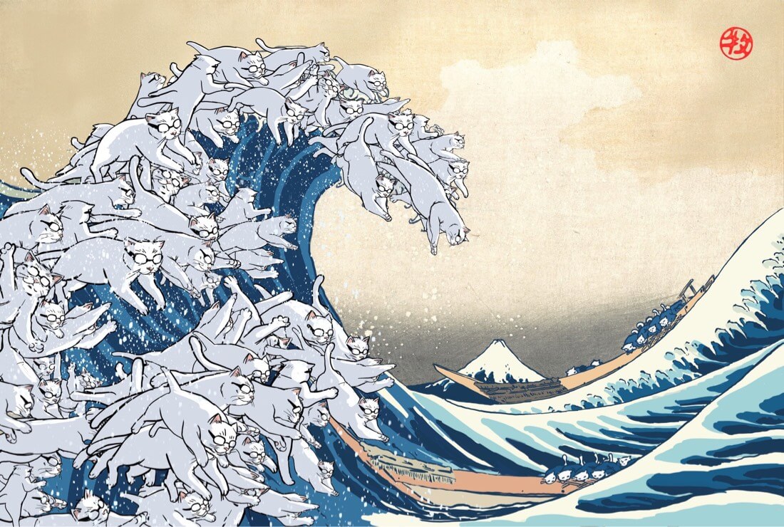 The Great Wave off Kanagawa reimagined with cats by Roberto Maki