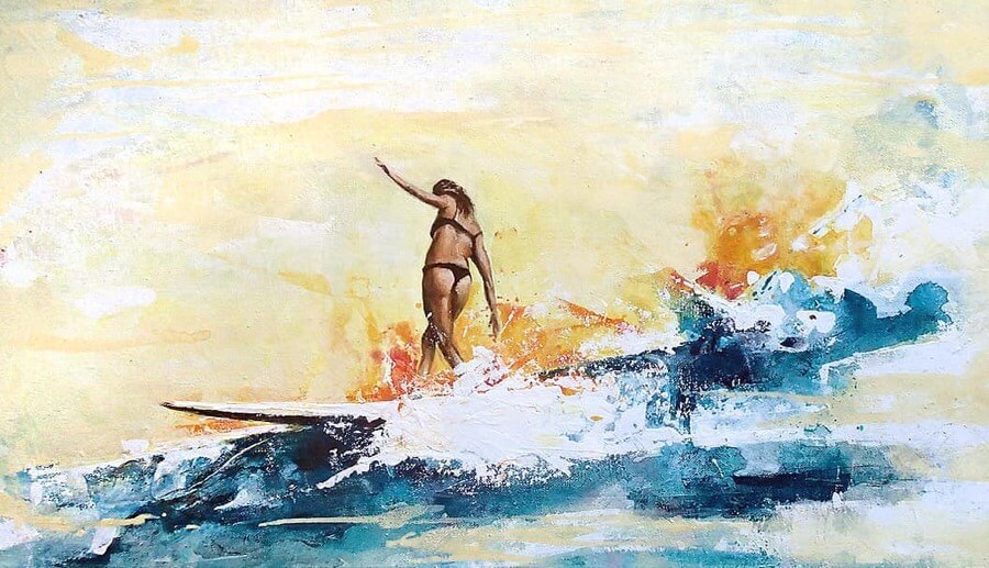 Painting of female longboard surfer